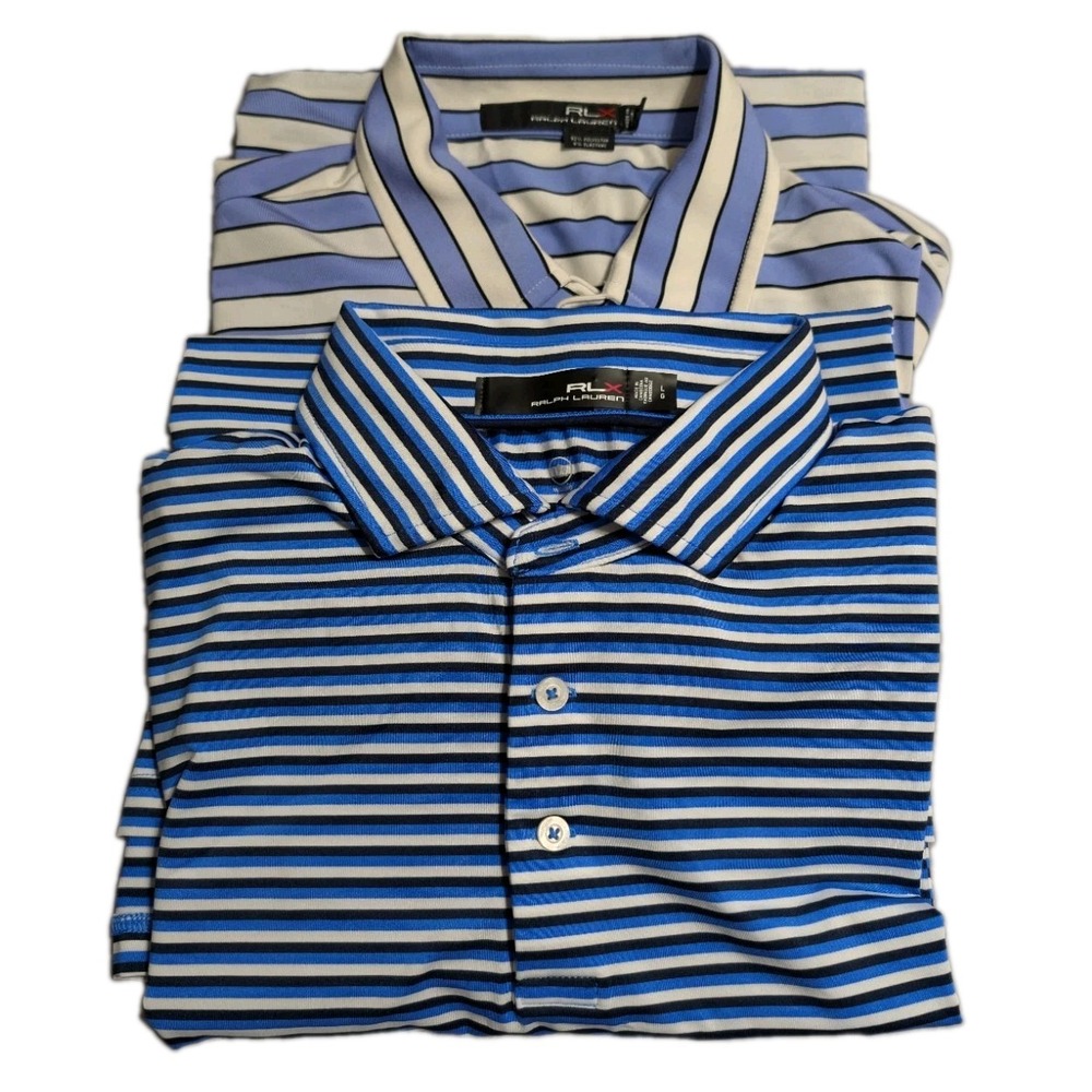 RLX Ralph Lauren Golf Polo Shirts Mens L Blue White Striped 2 Pack Bundle NWOT